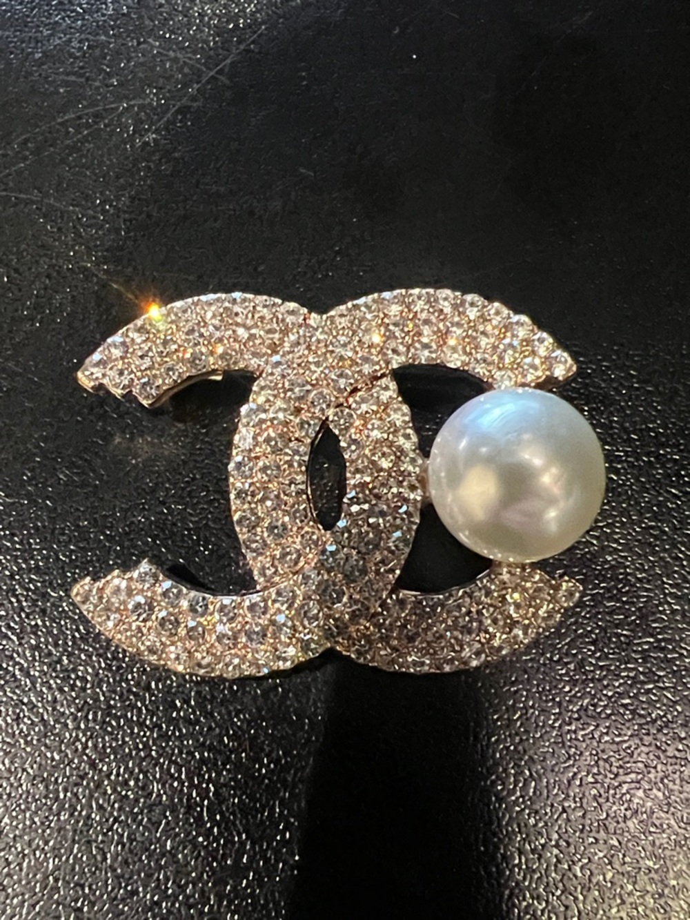 Chanel-Inspired Crystal CC Logo Brooch with Pearl Accent - Gold Tone